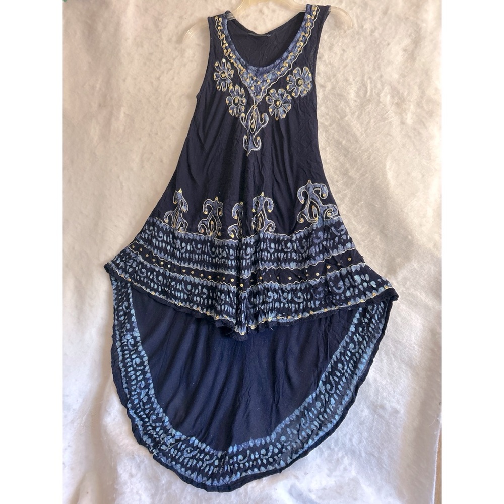 Bohemian Ocean Breeze Navy Blue Embroidered Sequins Scoop Neck Hi Low Dress Sz M